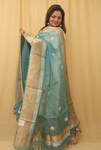 Blue Handloom Banarasi Pure Kora Silk Sona Roopa Dupatta - Luxurion World
