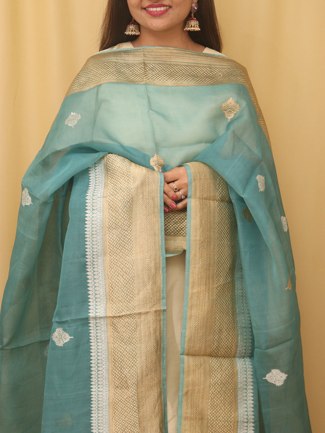 Blue Handloom Banarasi Pure Kora Silk Sona Roopa Dupatta - Luxurion World