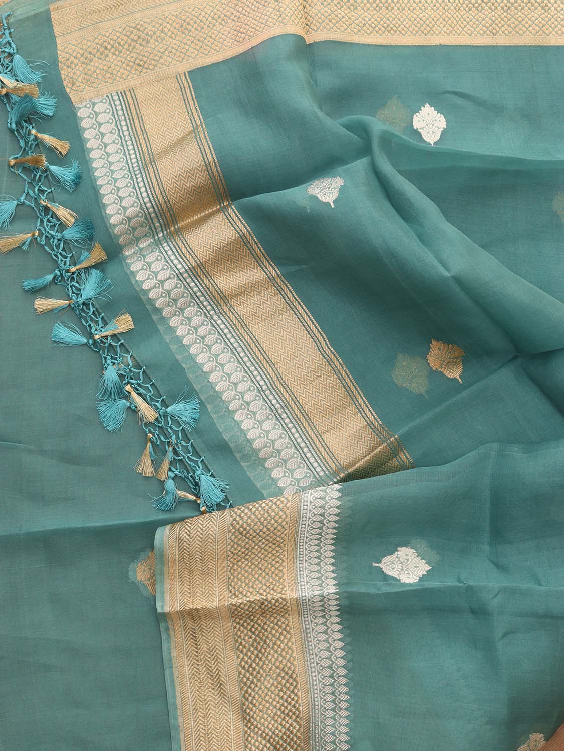 Blue Handloom Banarasi Pure Kora Silk Sona Roopa Dupatta - Luxurion World