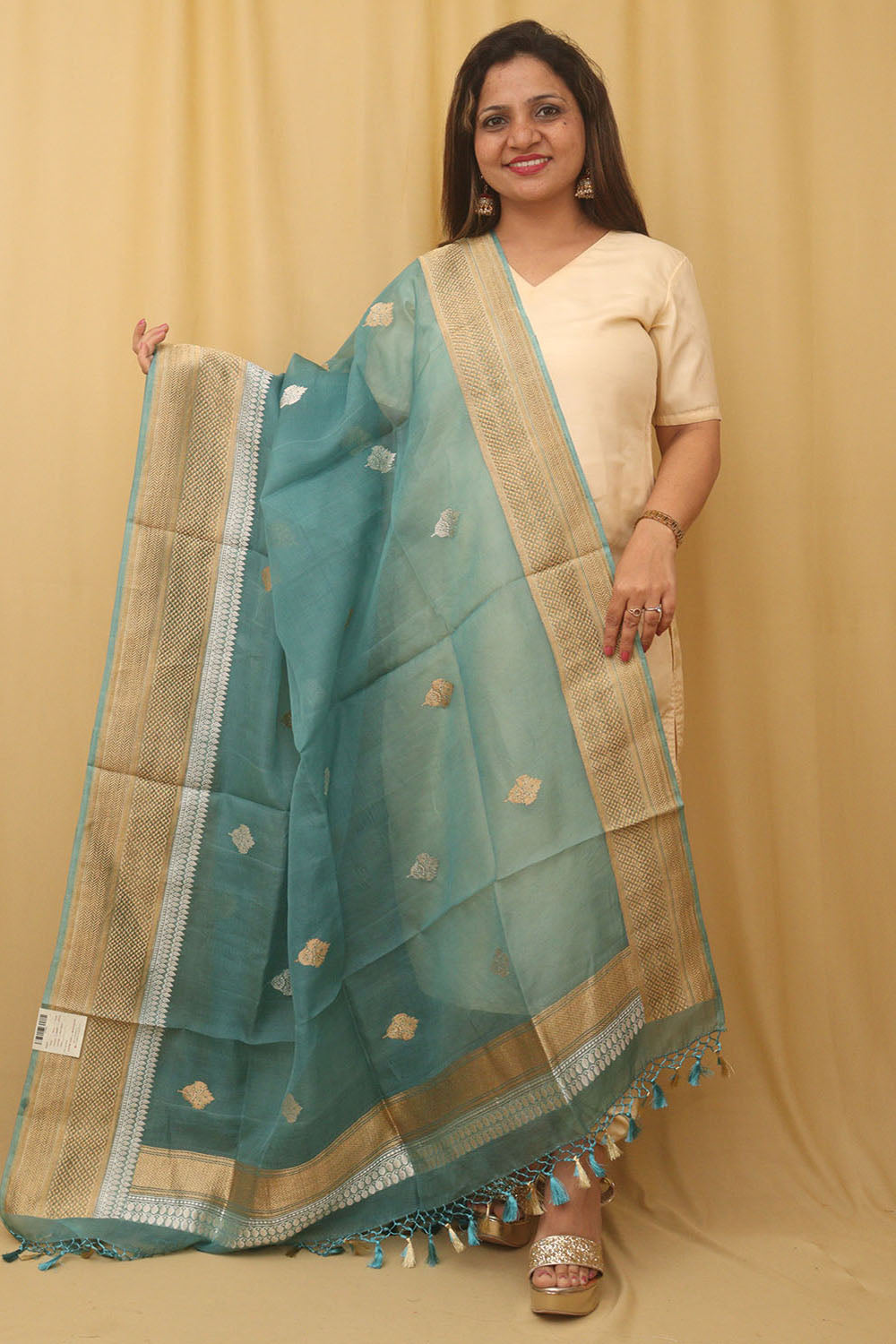 Blue Handloom Banarasi Pure Kora Silk Sona Roopa Dupatta - Luxurion World