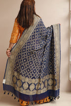 Blue Banarasi Bandhani Pure Georgette Flower Design Dupatta - Luxurion World- Crafted Heirlooms