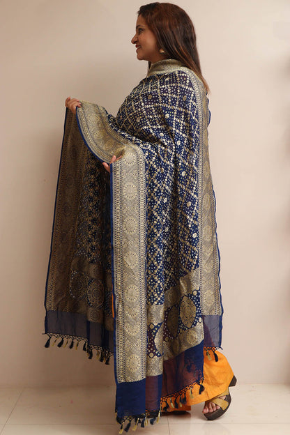 Blue Banarasi Bandhani Pure Georgette Flower Design Dupatta - Luxurion World