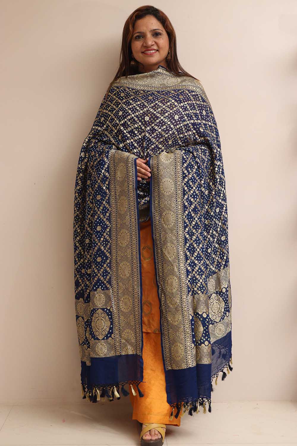 Blue Banarasi Bandhani Pure Georgette Flower Design Dupatta - Luxurion World- Crafted Heirlooms