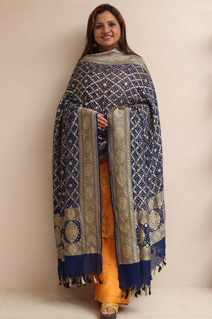Blue Banarasi Bandhani Pure Georgette Flower Design Dupatta - Luxurion World