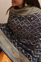 Blue Banarasi Bandhani Pure Georgette Flower Design Dupatta - Luxurion World- Crafted Heirlooms