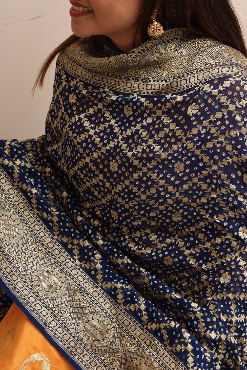 Blue Banarasi Bandhani Pure Georgette Flower Design Dupatta - Luxurion World- Crafted Heirlooms