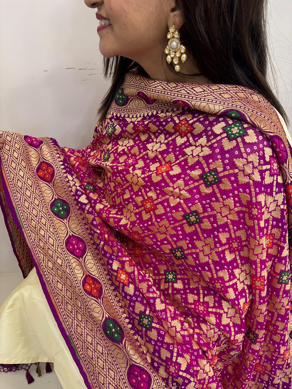 Stunning Pink And Purple Banarasi Bandhani Pure Georgette Meenakari Dupatta - Luxurion World