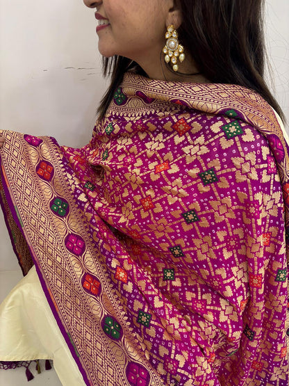 Stunning Pink And Purple Banarasi Bandhani Pure Georgette Meenakari Dupatta - Luxurion World