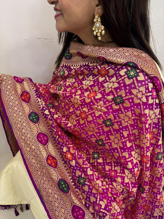 Stunning Pink And Purple Banarasi Bandhani Pure Georgette Meenakari Dupatta - Luxurion World