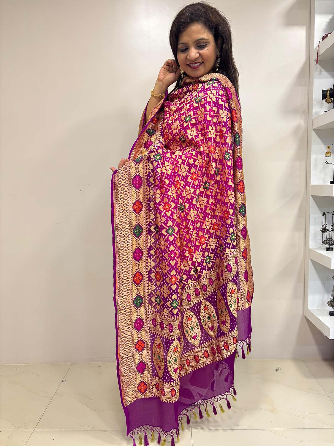 Stunning Pink And Purple Banarasi Bandhani Pure Georgette Meenakari Dupatta - Luxurion World