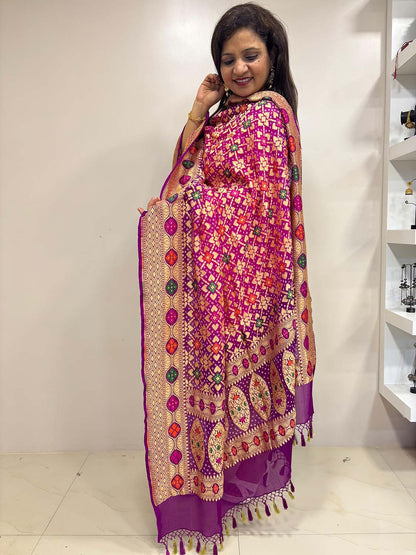 Stunning Pink And Purple Banarasi Bandhani Pure Georgette Meenakari Dupatta - Luxurion World