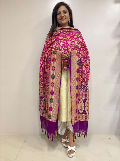 Stunning Pink And Purple Banarasi Bandhani Pure Georgette Meenakari Dupatta - Luxurion World
