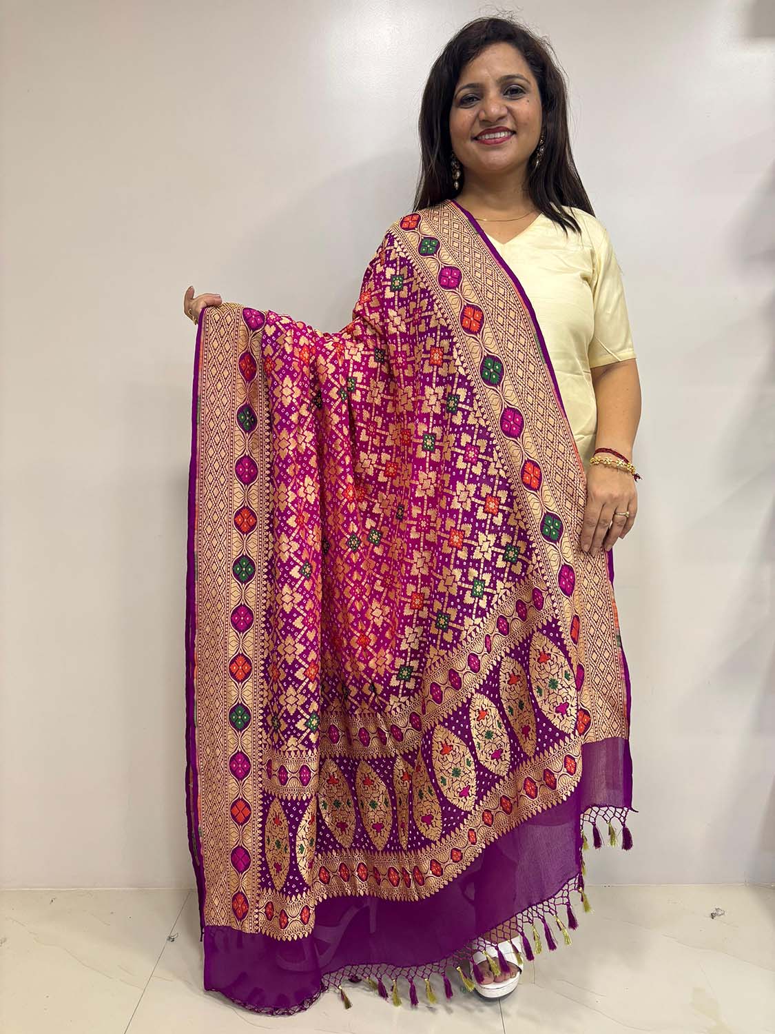 Stunning Pink And Purple Banarasi Bandhani Pure Georgette Meenakari Dupatta - Luxurion World