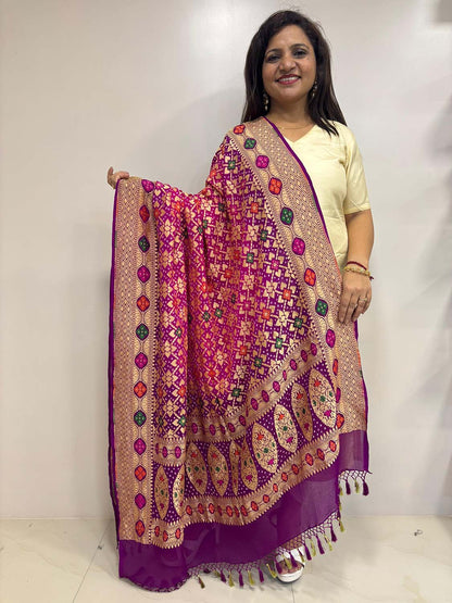 Stunning Pink And Purple Banarasi Bandhani Pure Georgette Meenakari Dupatta - Luxurion World