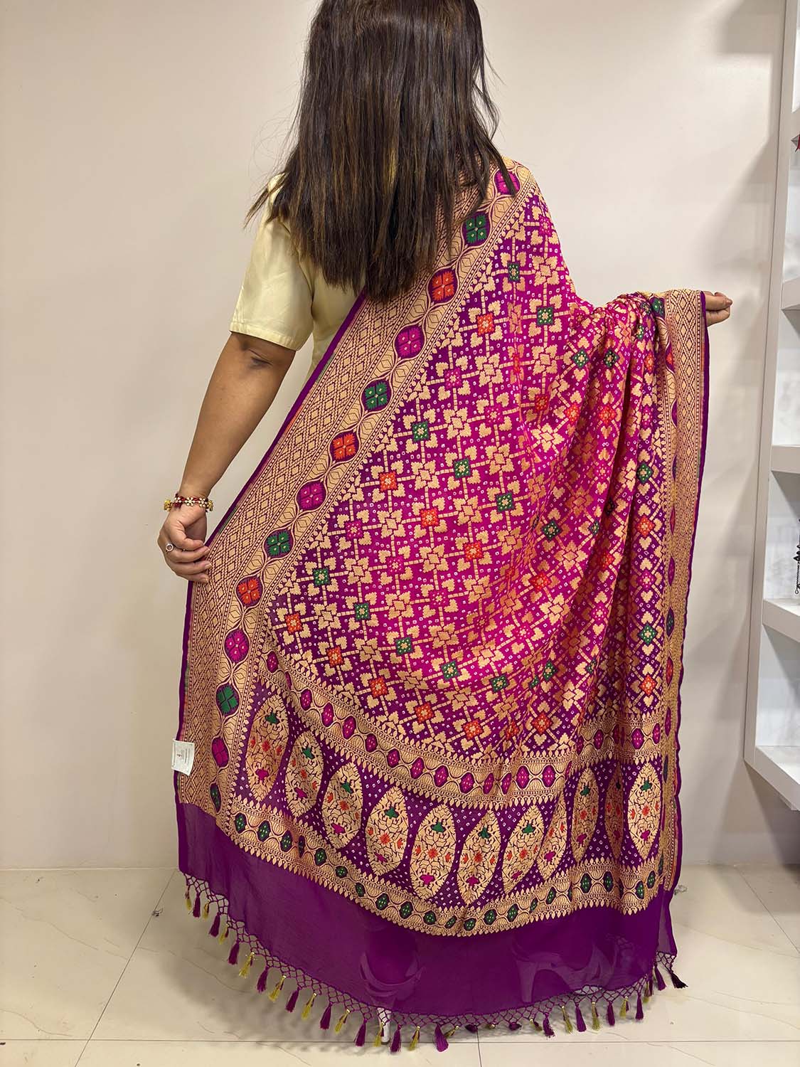 Stunning Pink And Purple Banarasi Bandhani Pure Georgette Meenakari Dupatta - Luxurion World