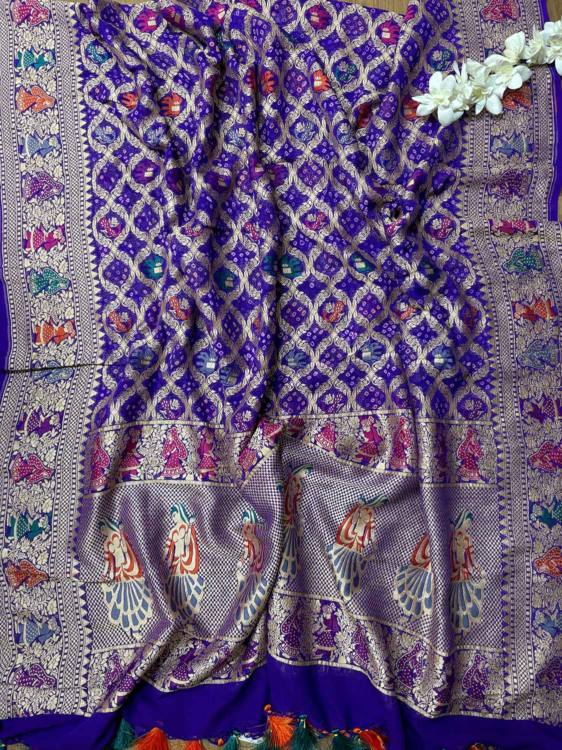 Elegant Purple Banarasi Bandhani Pure Georgette Meenakari Dupatta - Luxurion World