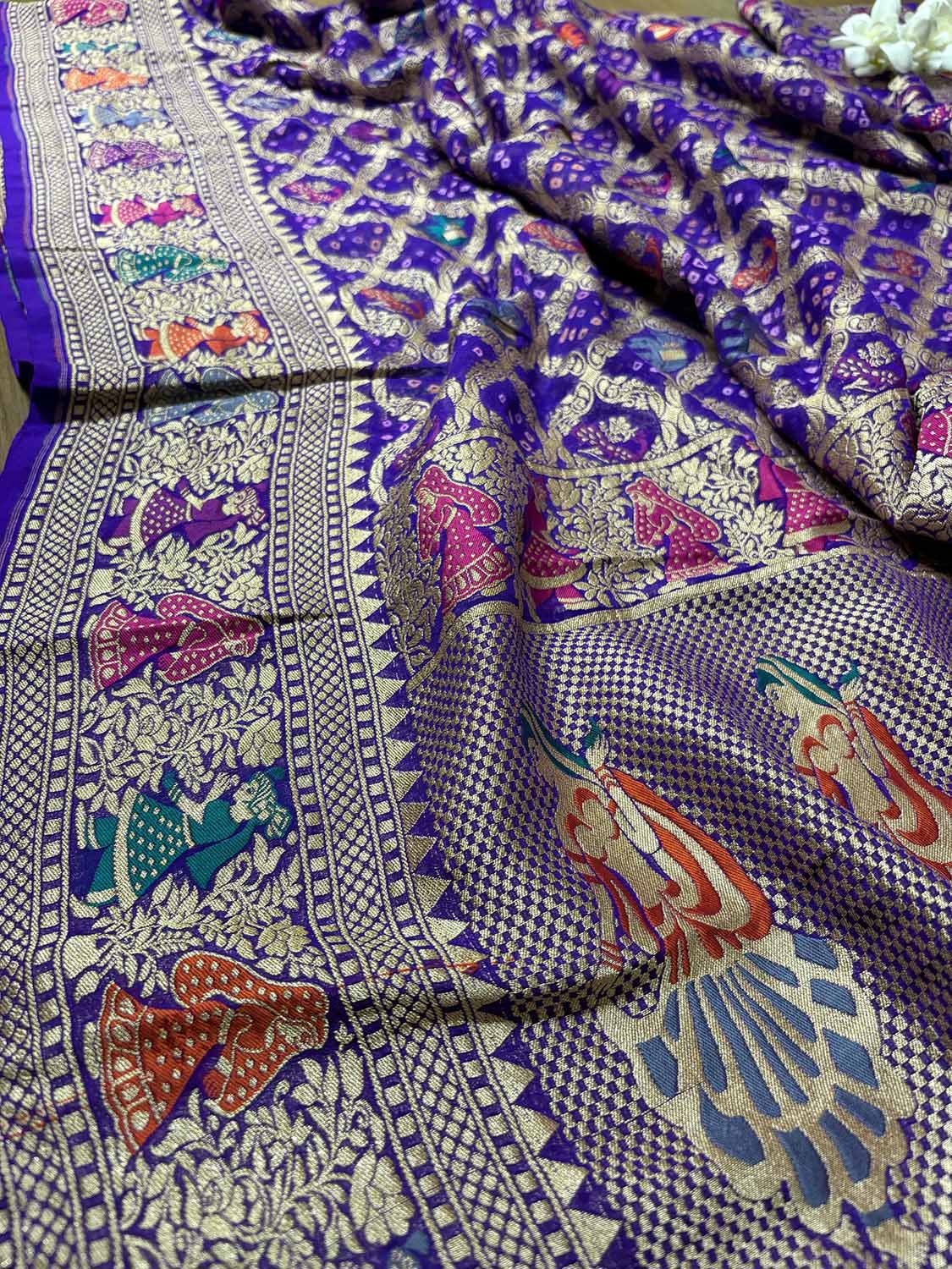 Elegant Purple Banarasi Bandhani Pure Georgette Meenakari Dupatta - Luxurion World