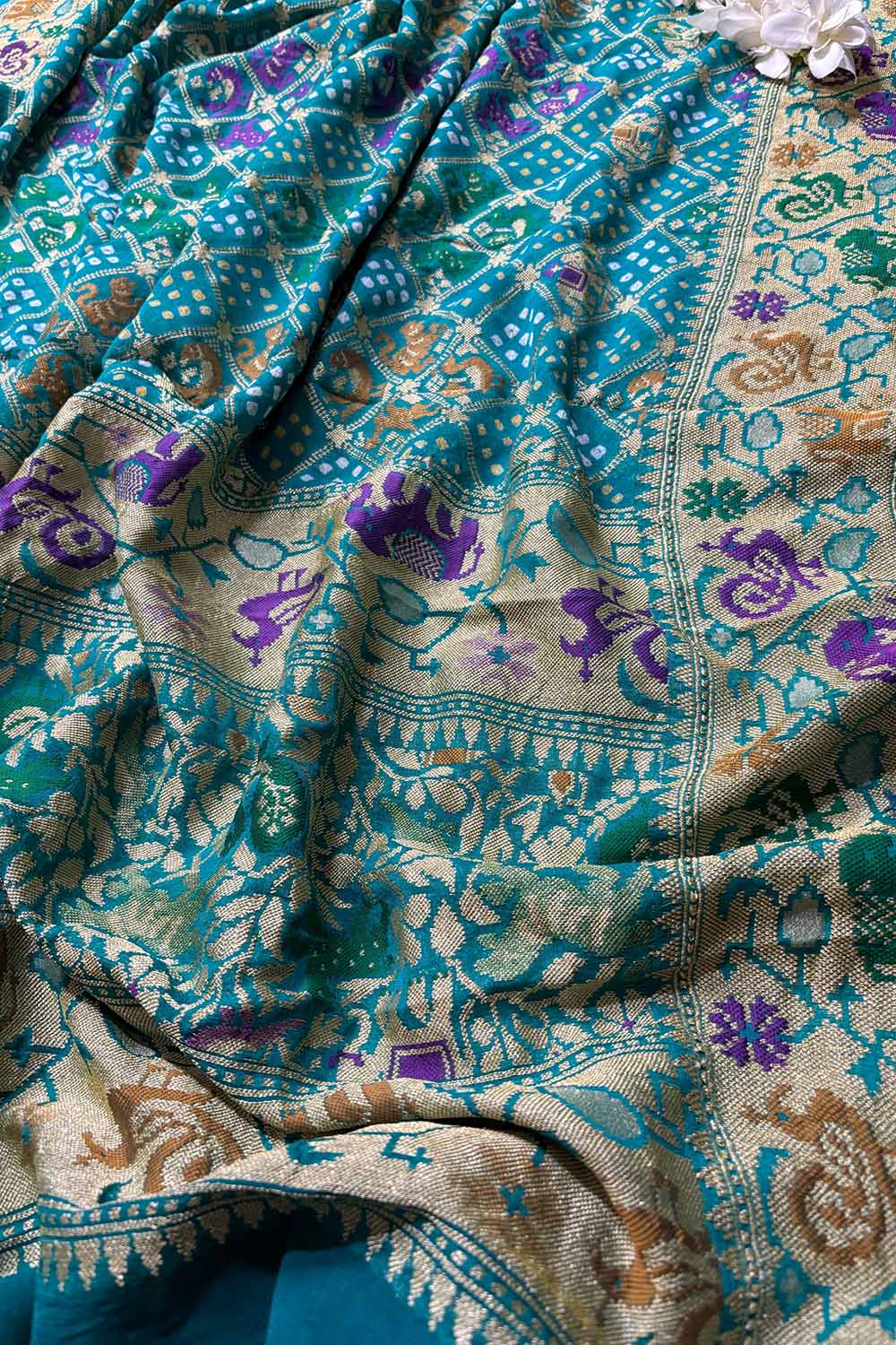 Blue Banarasi Bandhani Pure Georgette Meenakari Dupatta - Luxurion World- Crafted Heirlooms