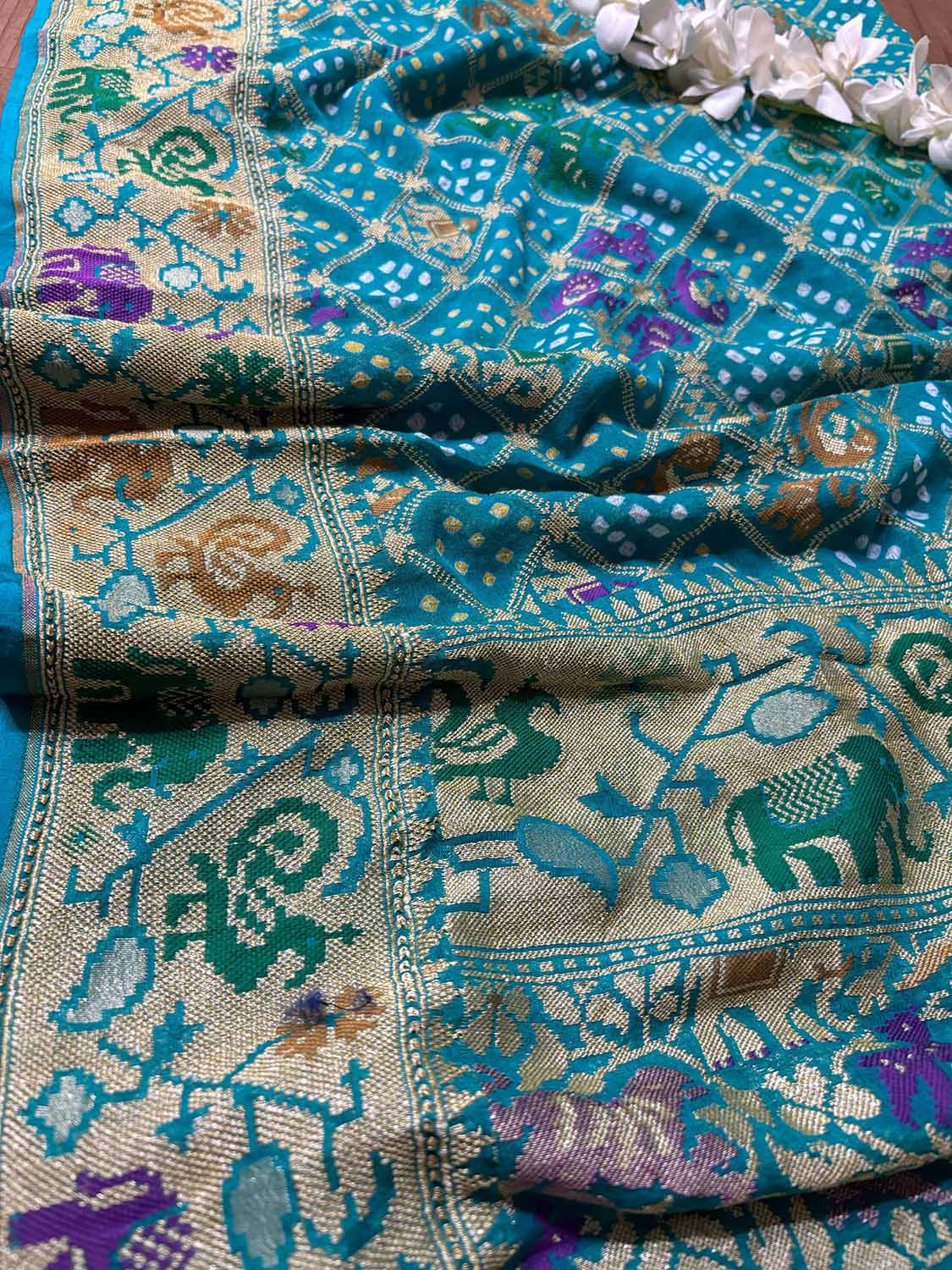 Blue Banarasi Bandhani Pure Georgette Meenakari Dupatta - Luxurion World- Crafted Heirlooms