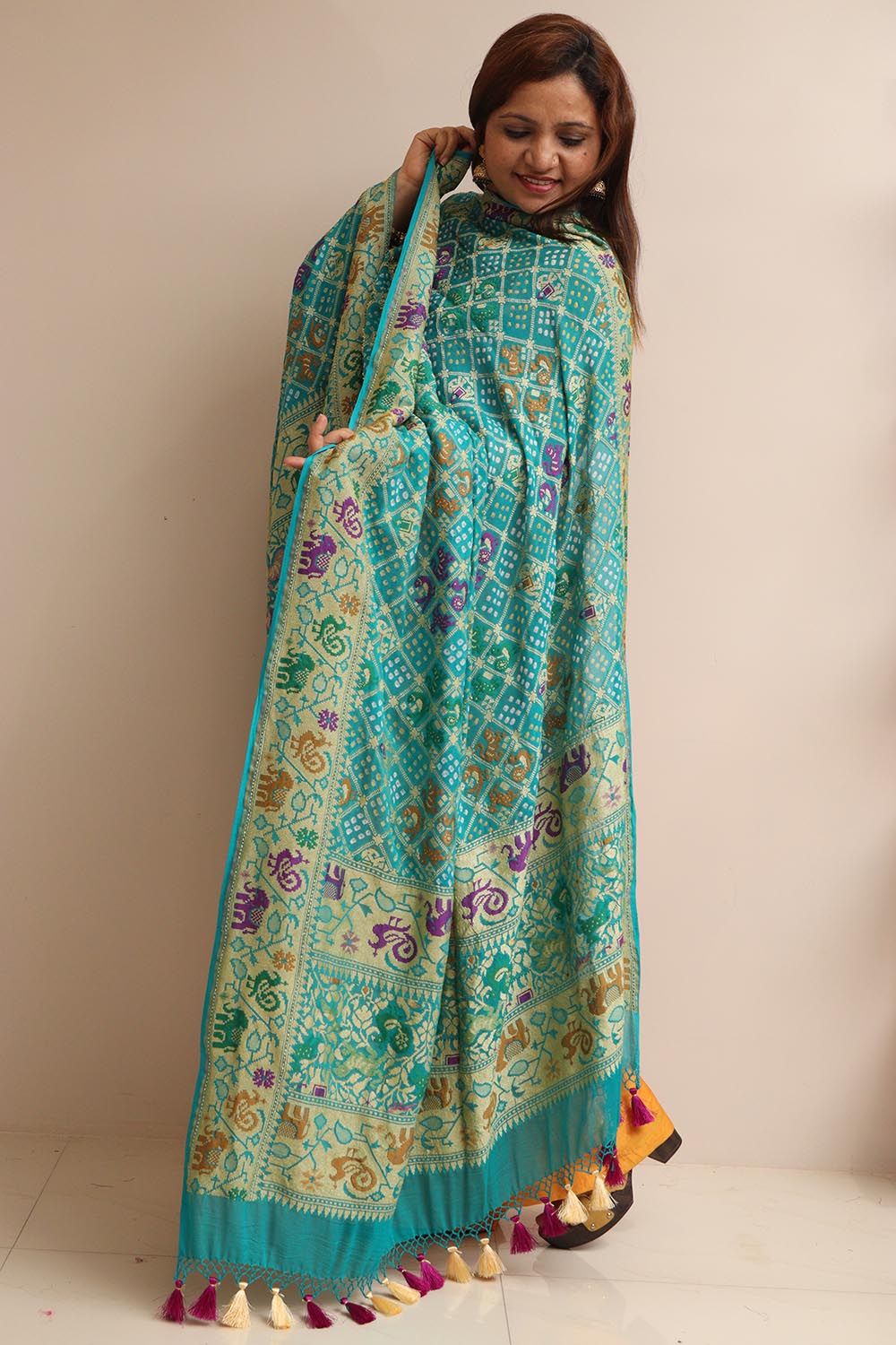 Blue Banarasi Bandhani Pure Georgette Meenakari Dupatta - Luxurion World- Crafted Heirlooms