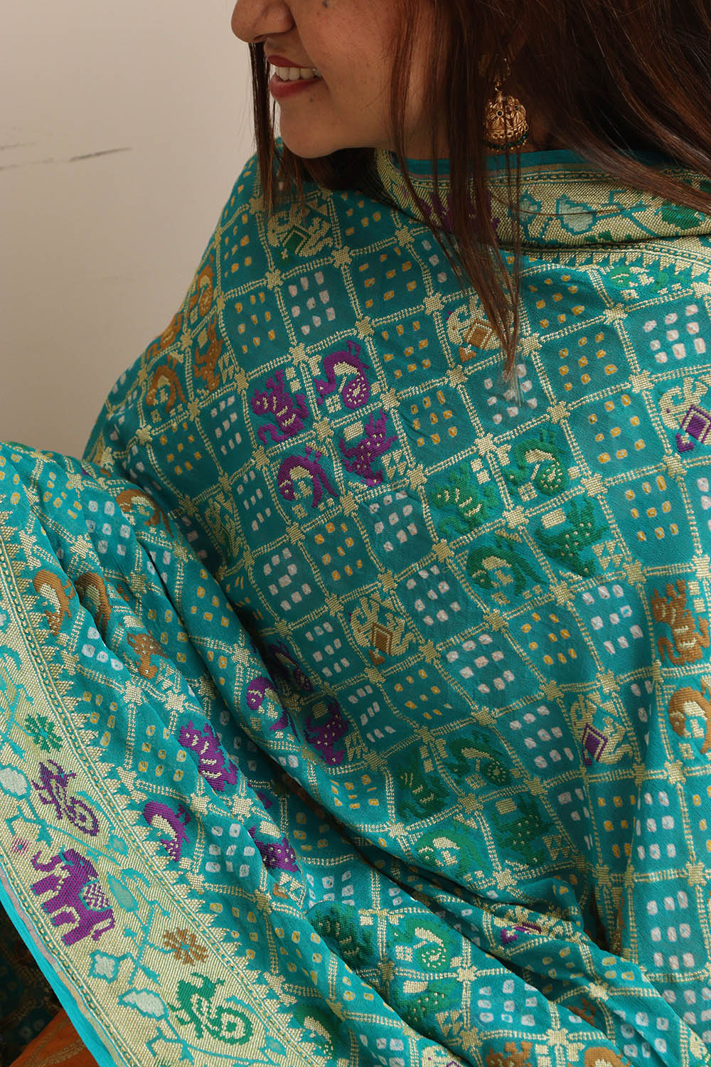 Blue Banarasi Bandhani Pure Georgette Meenakari Dupatta - Luxurion World- Crafted Heirlooms