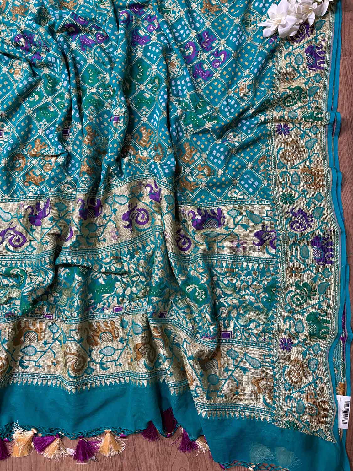 Blue Banarasi Bandhani Pure Georgette Meenakari Dupatta - Luxurion World- Crafted Heirlooms