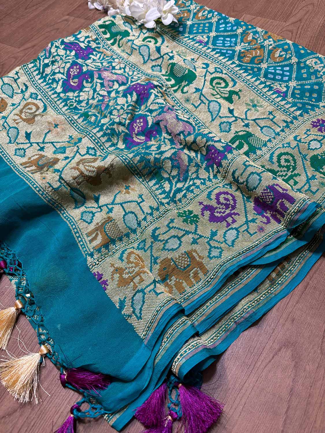 Blue Banarasi Bandhani Pure Georgette Meenakari Dupatta - Luxurion World- Crafted Heirlooms