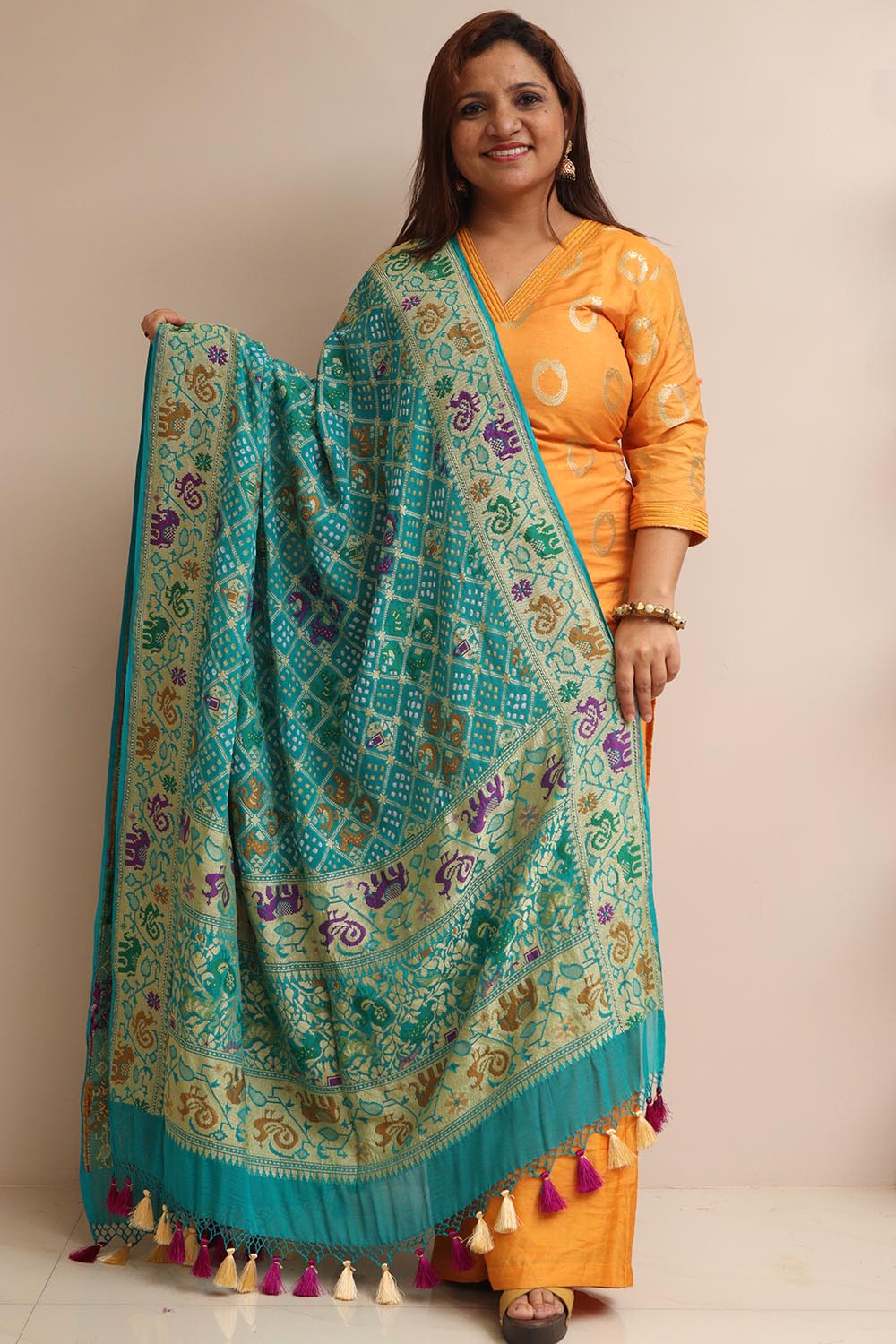 Blue Banarasi Bandhani Pure Georgette Meenakari Dupatta - Luxurion World- Crafted Heirlooms