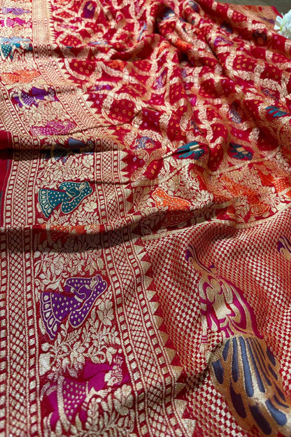 Red Banarasi Bandhani Pure Georgette Meenakari Dupatta - Luxurion World