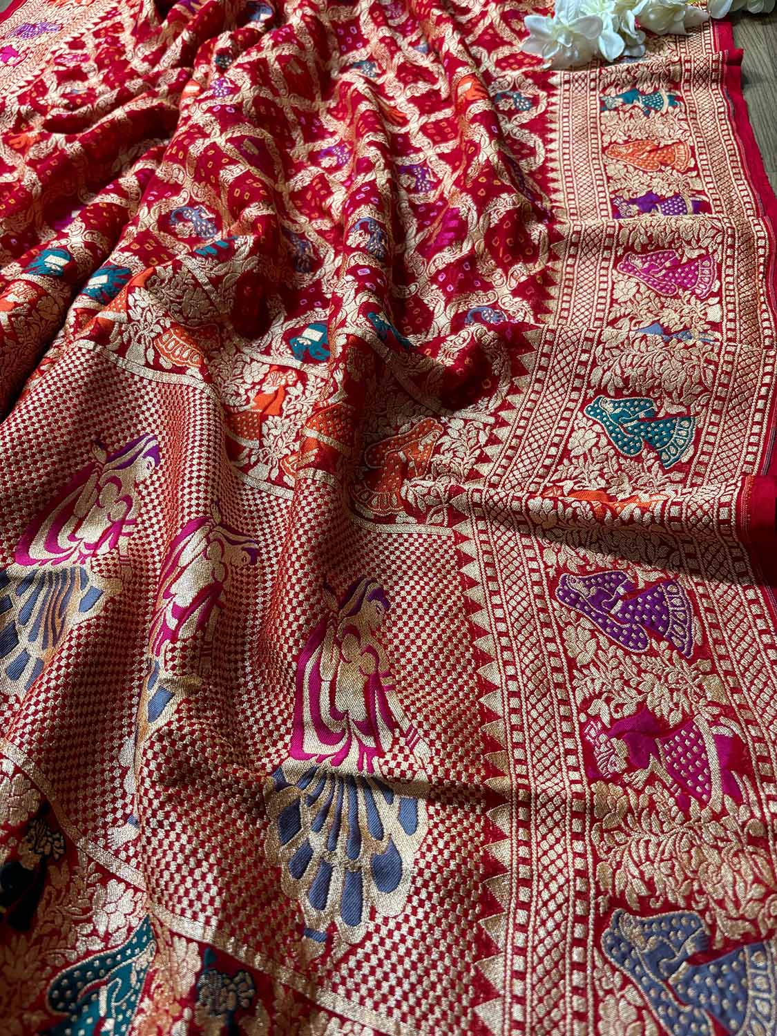 Red Banarasi Bandhani Pure Georgette Meenakari Dupatta - Luxurion World