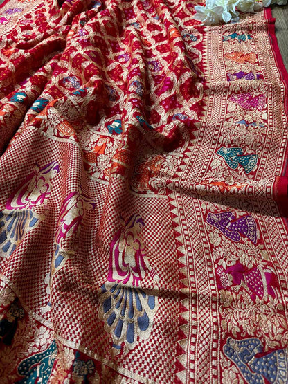 Red Banarasi Bandhani Pure Georgette Meenakari Dupatta - Luxurion World