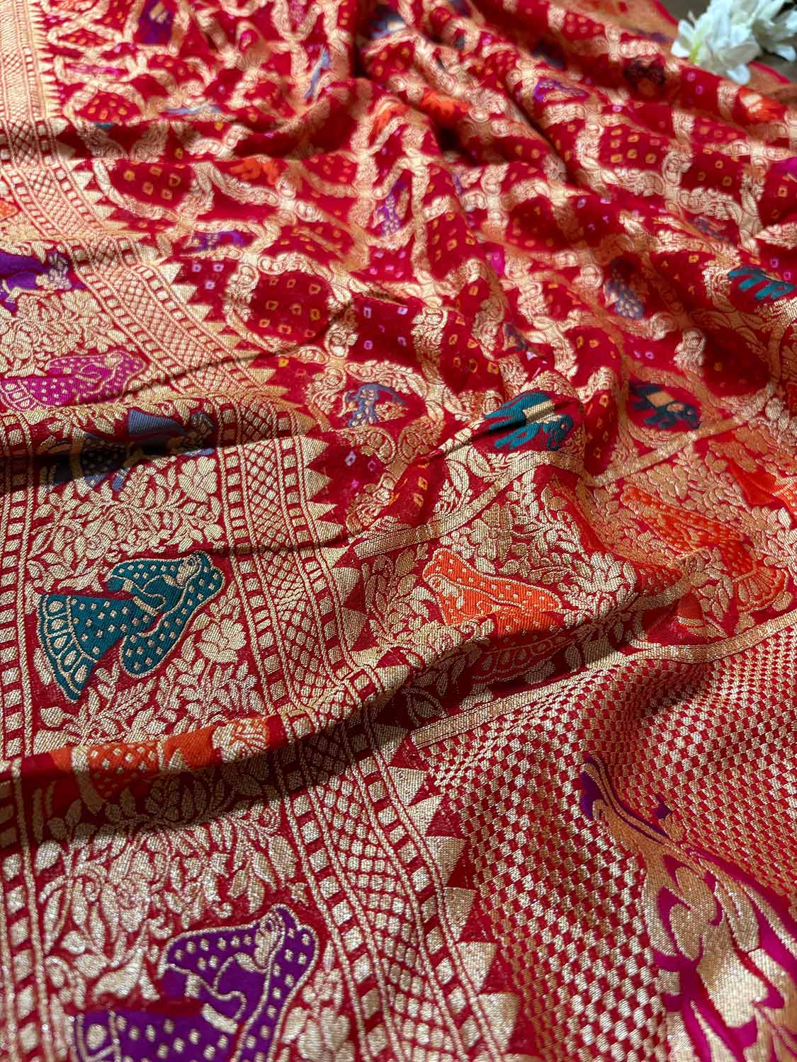 Red Banarasi Bandhani Pure Georgette Meenakari Dupatta - Luxurion World