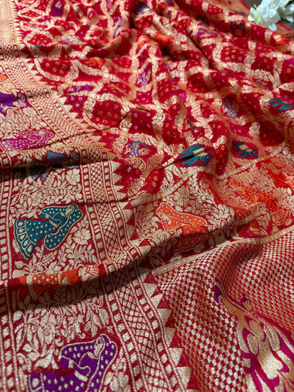 Red Banarasi Bandhani Pure Georgette Meenakari Dupatta - Luxurion World