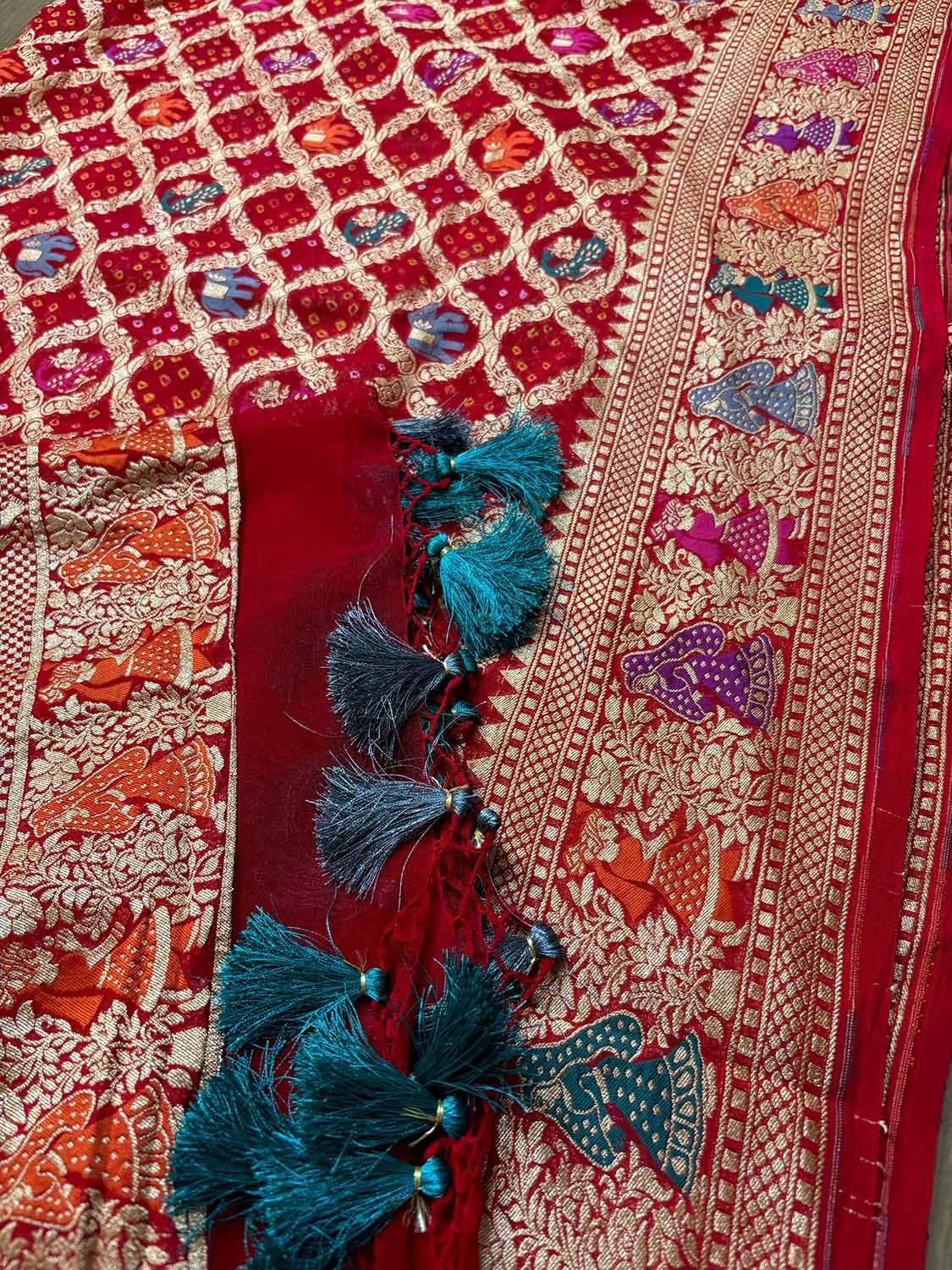 Red Banarasi Bandhani Pure Georgette Meenakari Dupatta - Luxurion World