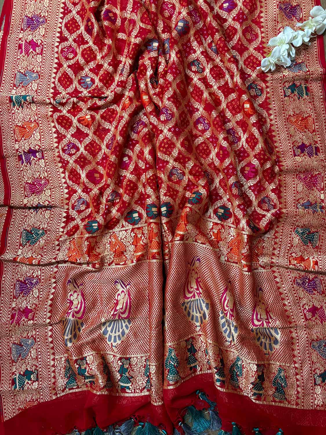 Red Banarasi Bandhani Pure Georgette Meenakari Dupatta - Luxurion World