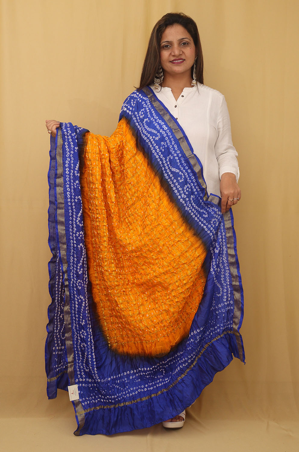 Stylish Blue and Yellow Checks Bandhani Silk Dupatta for Ethnic Look - Luxurion World