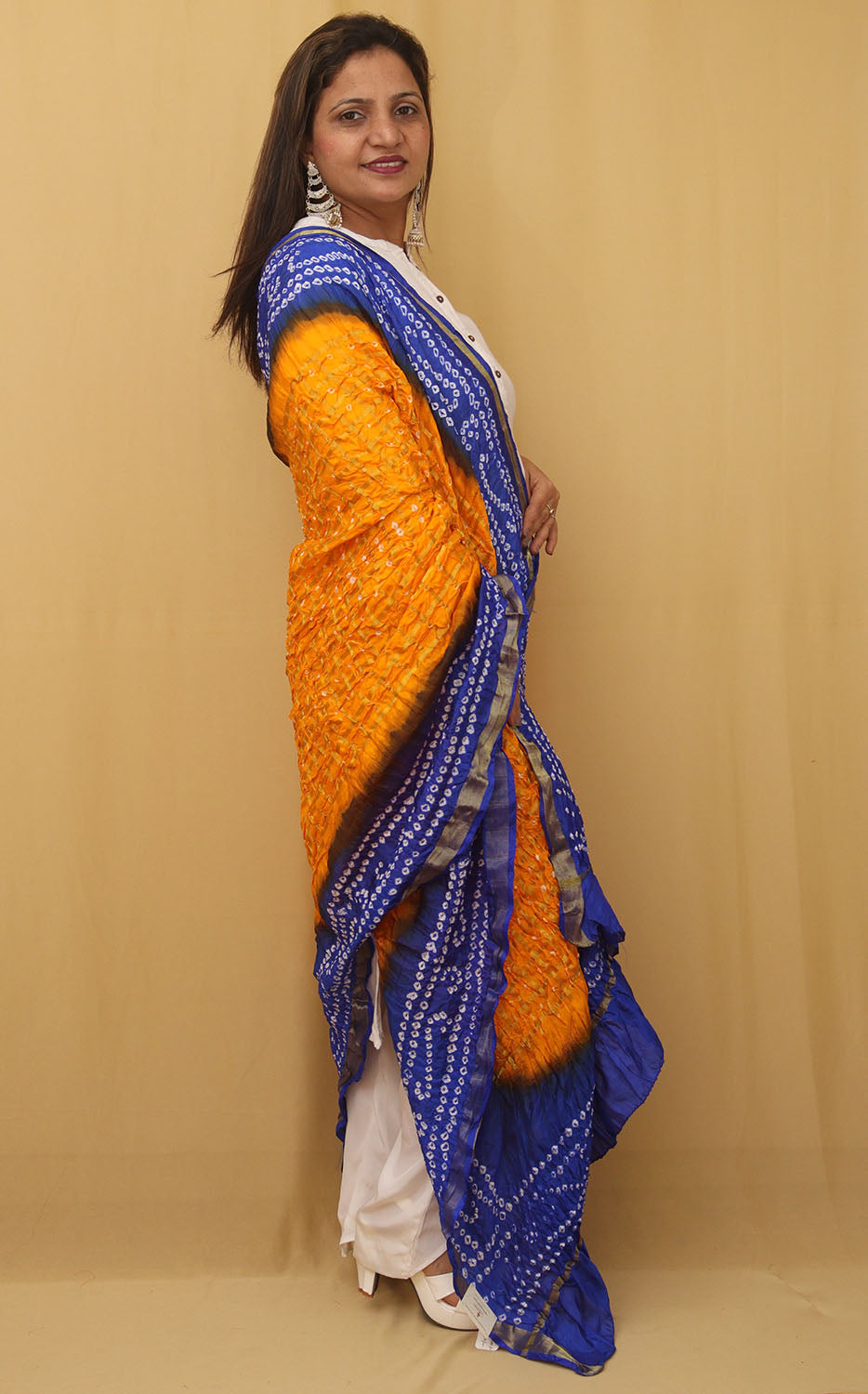 Stylish Blue and Yellow Checks Bandhani Silk Dupatta for Ethnic Look - Luxurion World