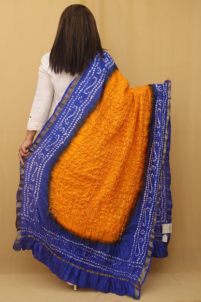 Stylish Blue and Yellow Checks Bandhani Silk Dupatta for Ethnic Look