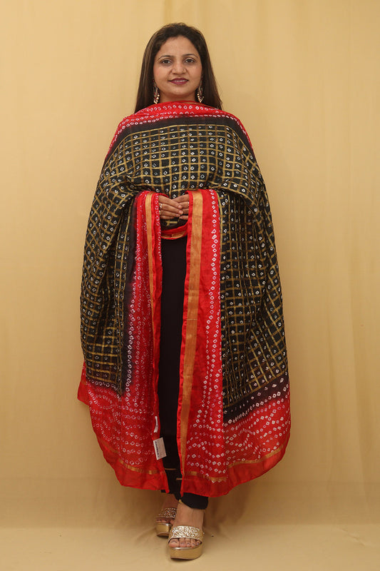 Stylish Red And Black Bandhani Silk Dupatta - Perfect Accessory for Any Outfit - Luxurion World