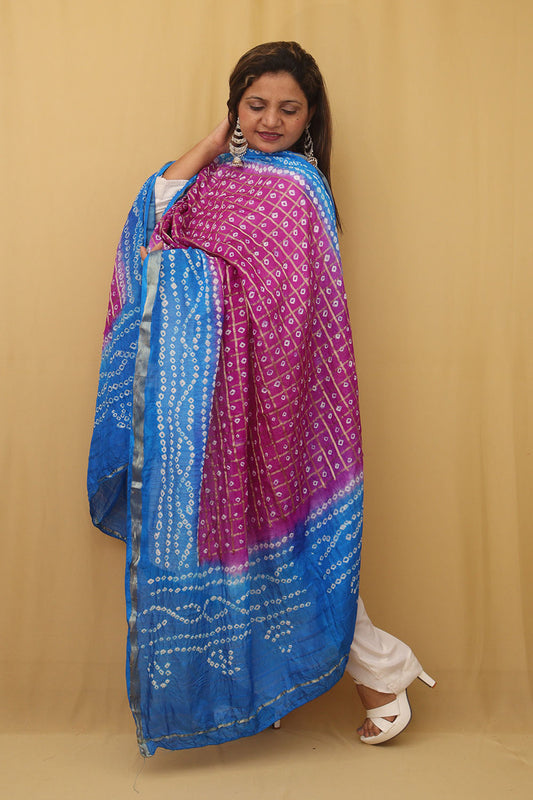 Stylish Blue and Purple Bandhani Silk Dupatta for Fashionable Look