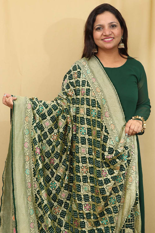 Green Banarasi Bandhani Pure Georgette Meenakari Dupatta - Luxurion World