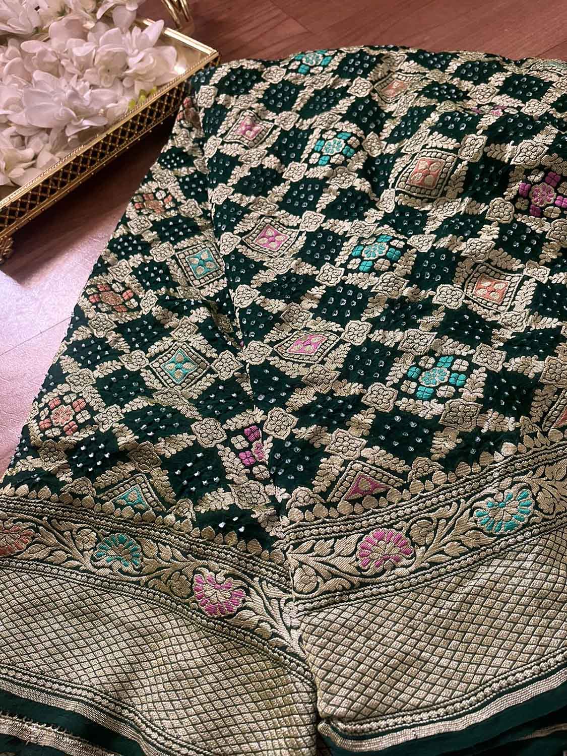 Green Banarasi Bandhani Pure Georgette Meenakari Dupatta - Luxurion World
