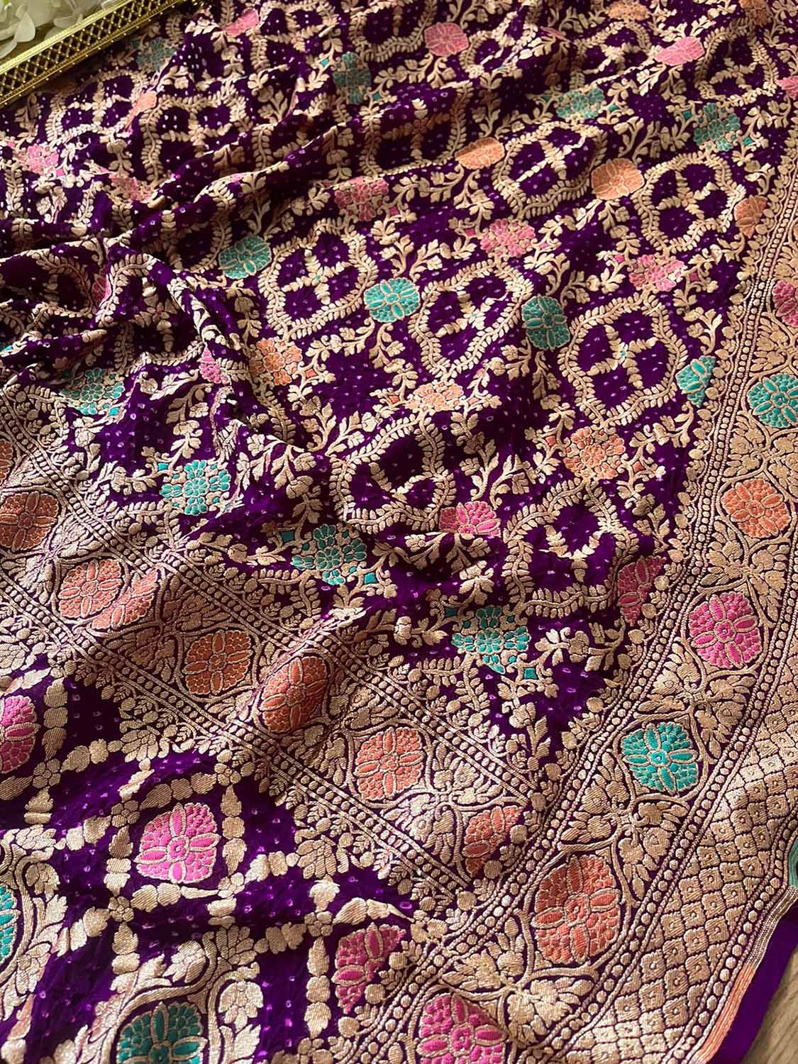 Exquisite Purple Banarasi Bandhani Pure Georgette Meenakari Dupatta - Luxurion World