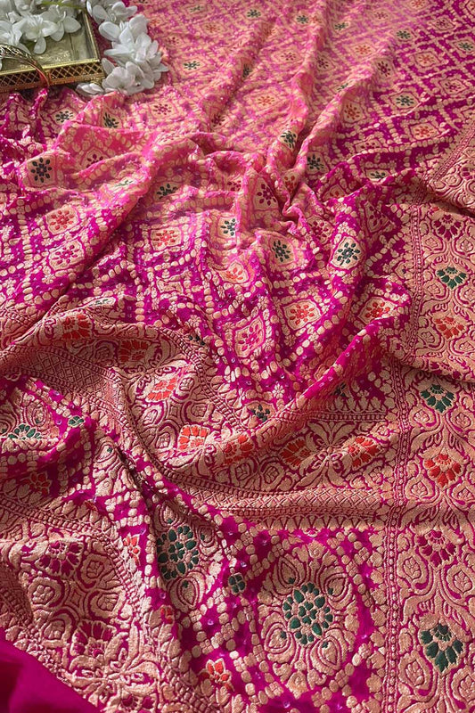 Stunning Pink Banarasi Bandhani Pure Georgette Meenakari Dupatta - Luxurion World