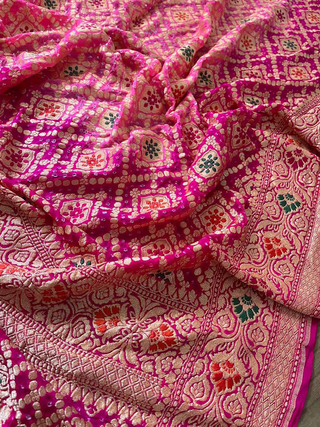 Stunning Pink Banarasi Bandhani Pure Georgette Meenakari Dupatta - Luxurion World