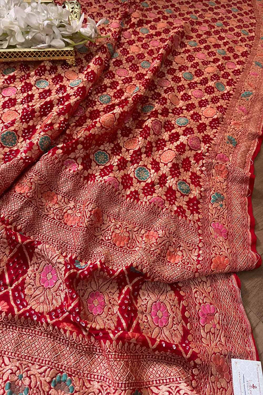 Red Banarasi Bandhani Pure Georgette Meenakari Dupatta - Luxurion World