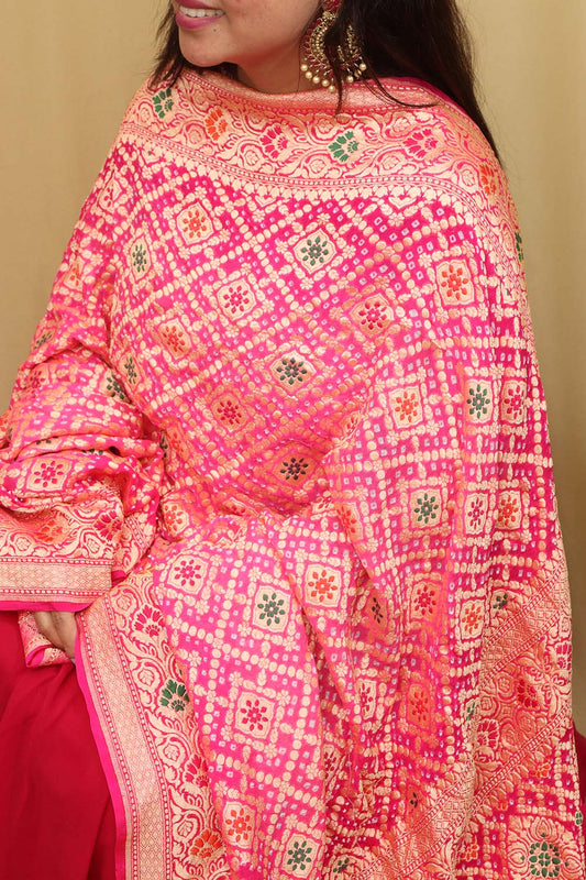 Stunning Pink Shaded Banarasi Bandhani Pure Georgette Meenakari Dupatta - Luxurion World
