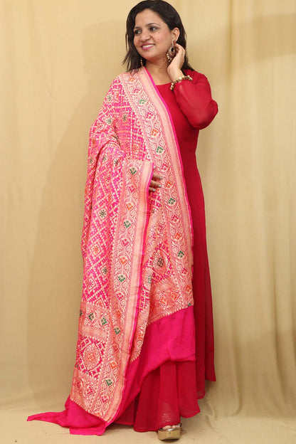 Stunning Pink Shaded Banarasi Bandhani Pure Georgette Meenakari Dupatta