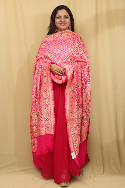 Stunning Pink Shaded Banarasi Bandhani Pure Georgette Meenakari Dupatta