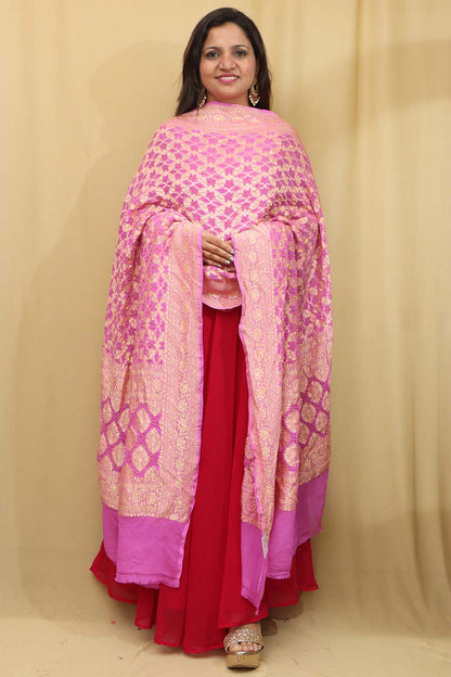 Exquisite Pink Banarasi Bandhani Pure Georgette Dupatta - Luxurion World